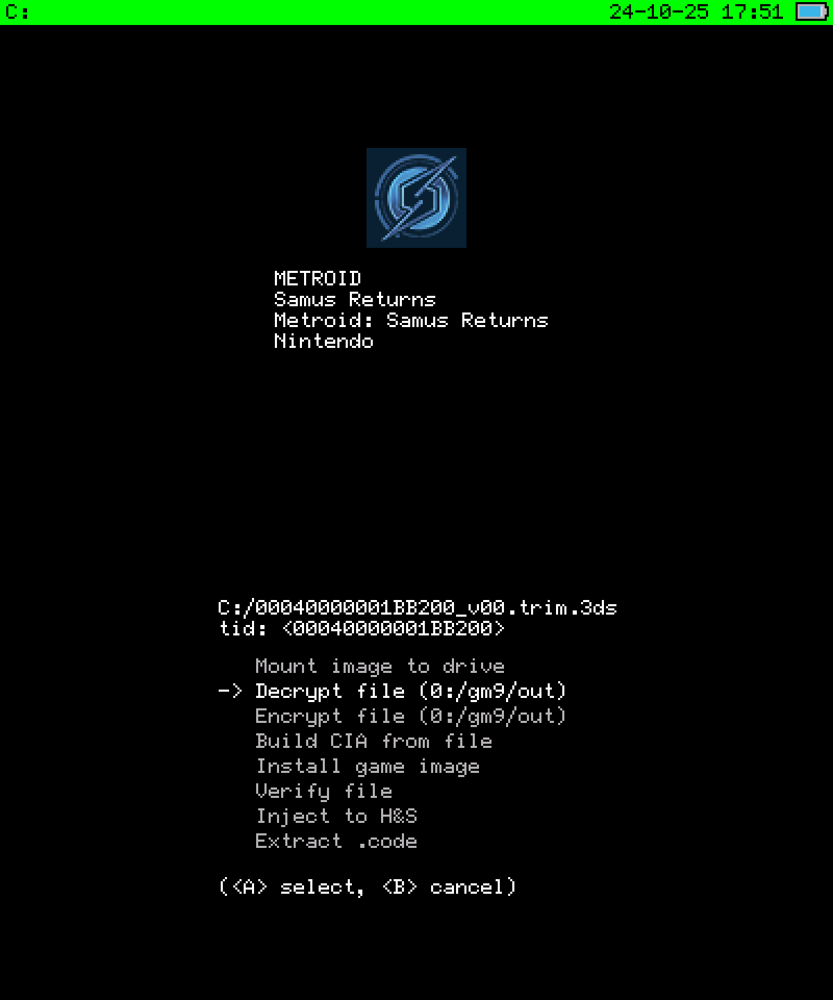 Menu to decrypt 3DS file to output folder on SD Card