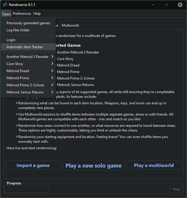 Opening the Auto Tracker from the main Randovania Window