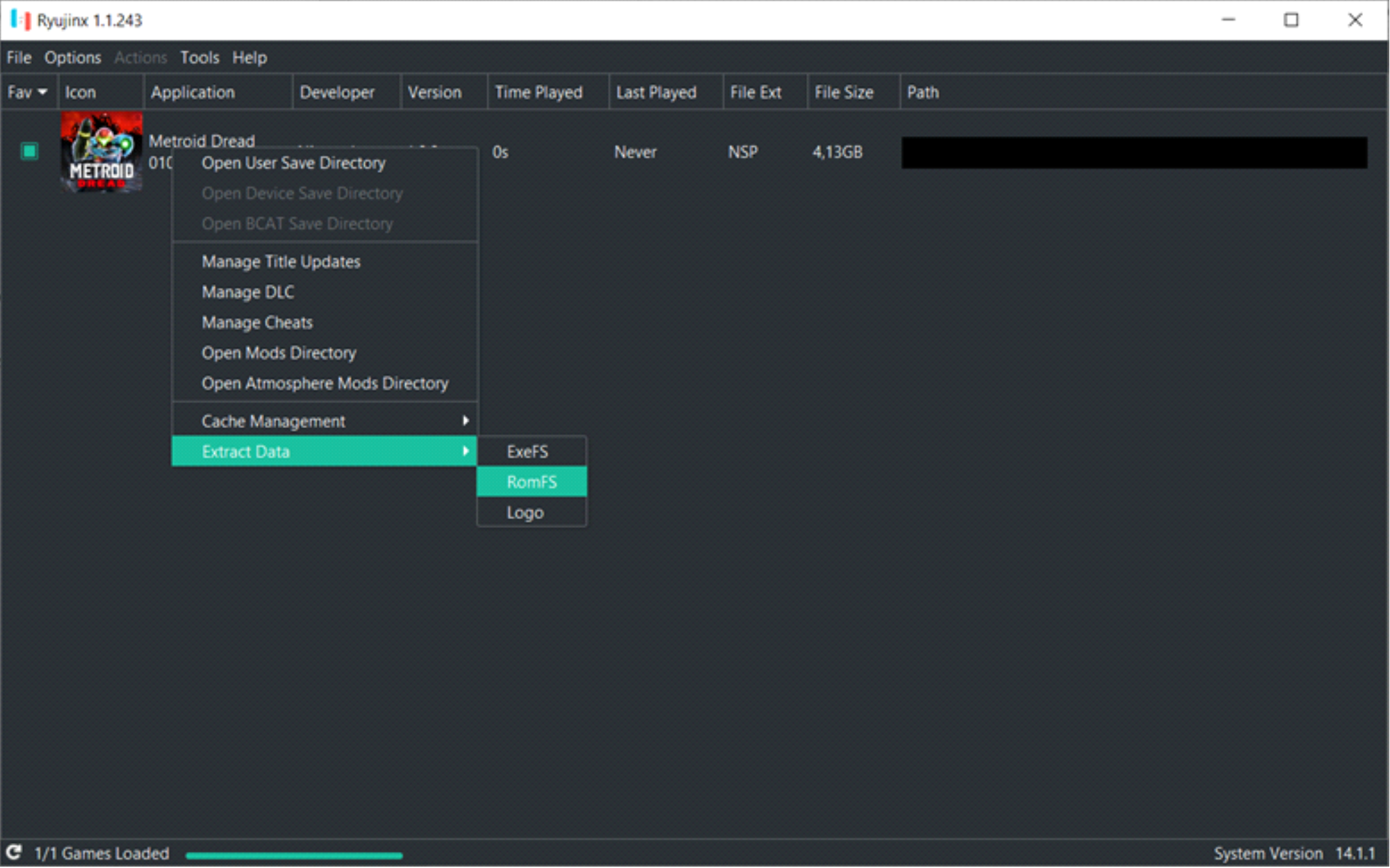 Ryujinx main screen, showing the right-click context menus to extract the RomFS